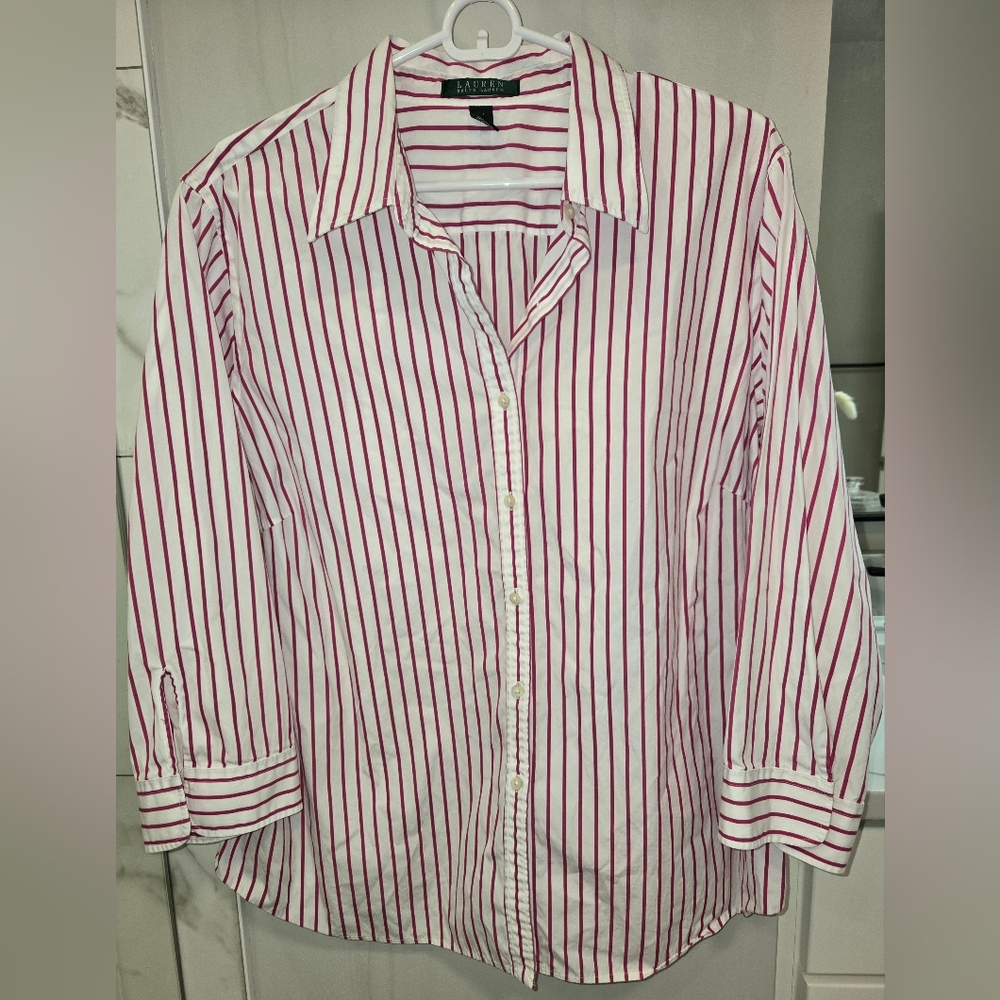 Lauren Ralph Lauren Pink White Striped Button Down Womens Shirt Size 2x